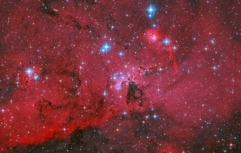 NASA's Hubble Captures Crimson Cloud Sparkling with White, Blue Stars